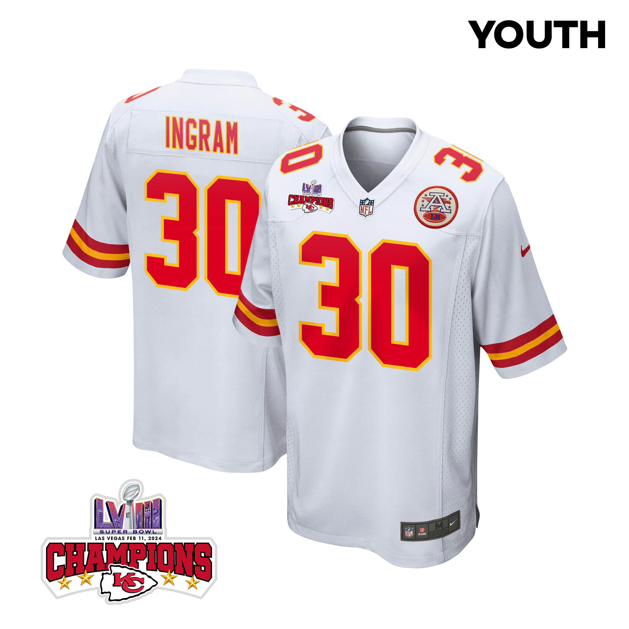 Keaontay Ingram 30 Kansas City Chiefs Super Bowl LVIII Champions 4 Stars Patch Game White NFL Jersey Youth