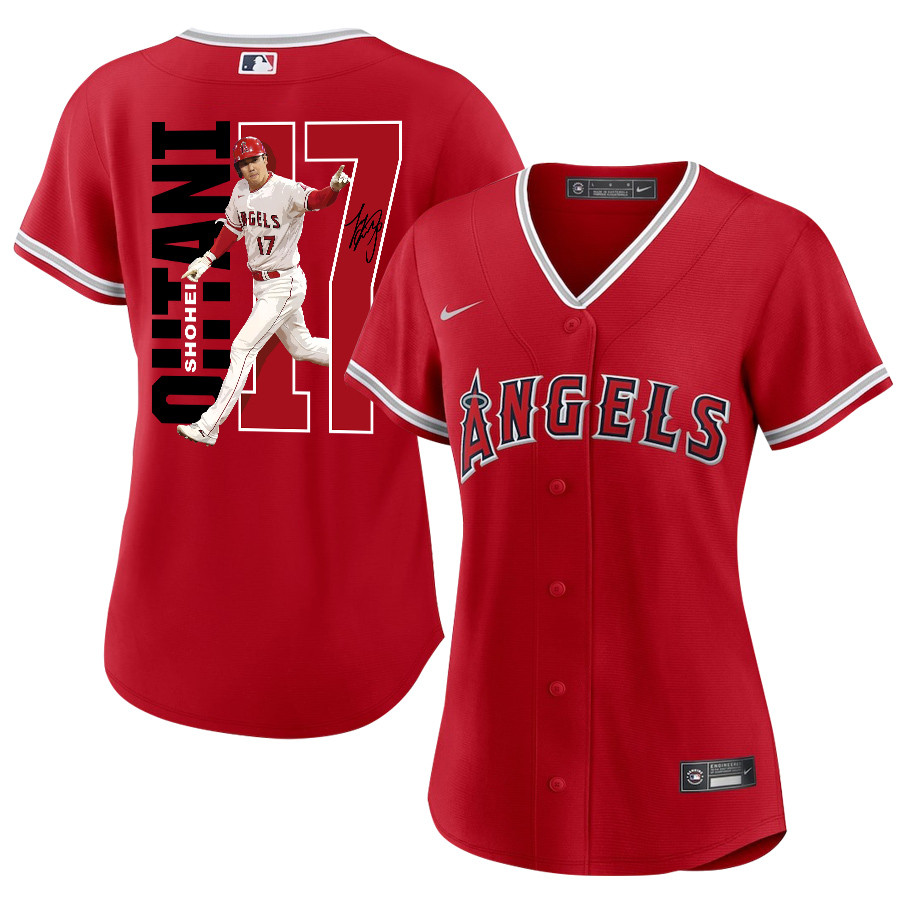 Shohei Ohtani 17 Los Angeles Angels Signed Run 2023 Alternate Player Red MLB Jersey Women's