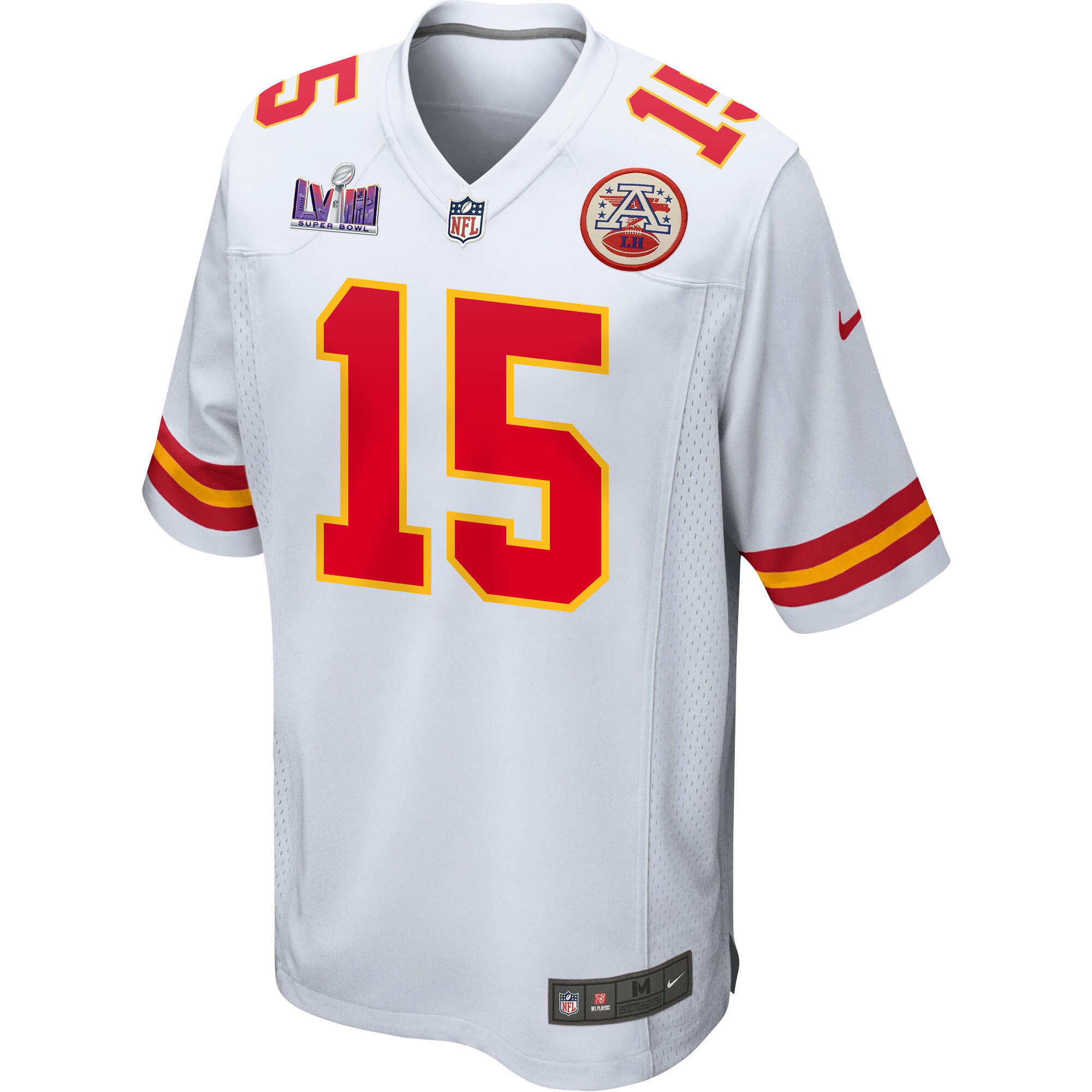 Patrick Mahomes 15 Kansas City Chiefs Super Bowl LVIII Patch Game White NFL Jersey Men's