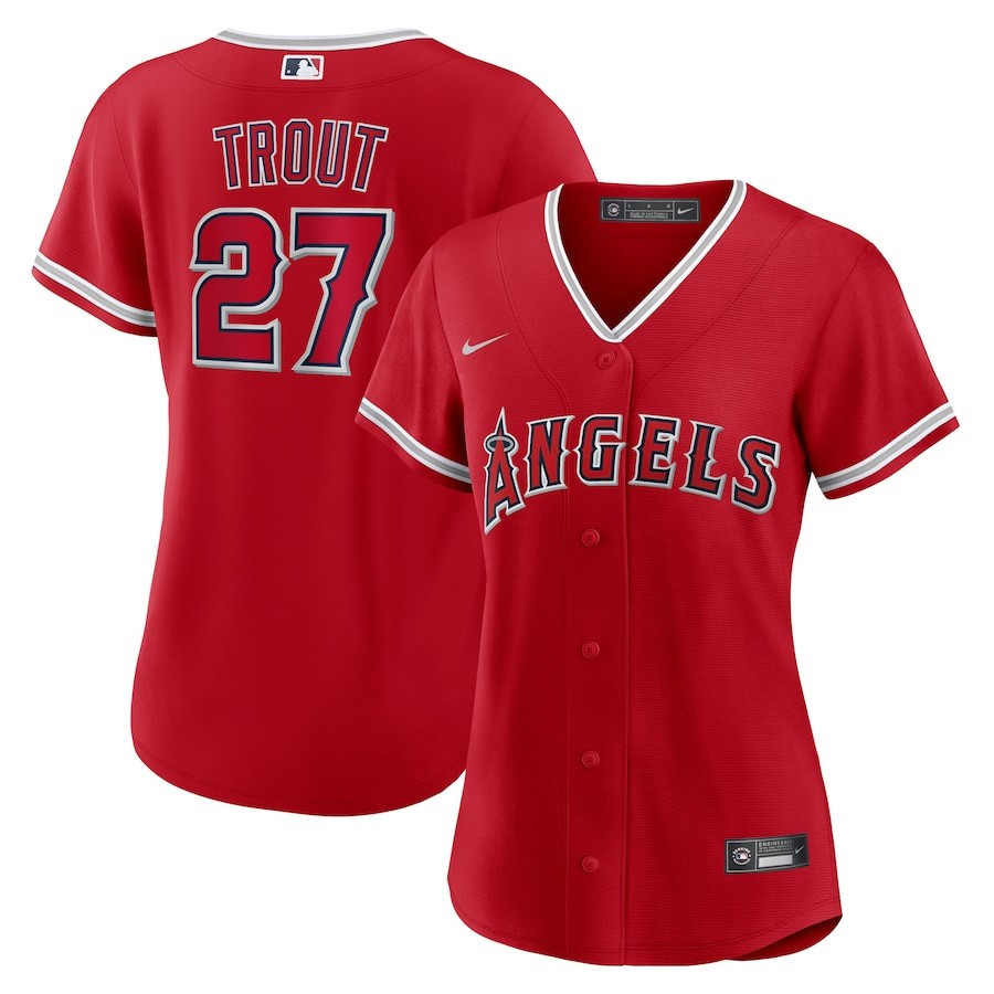 Mike Trout 27 Los Angeles Angels Alternate Player Red MLB Jersey Women's