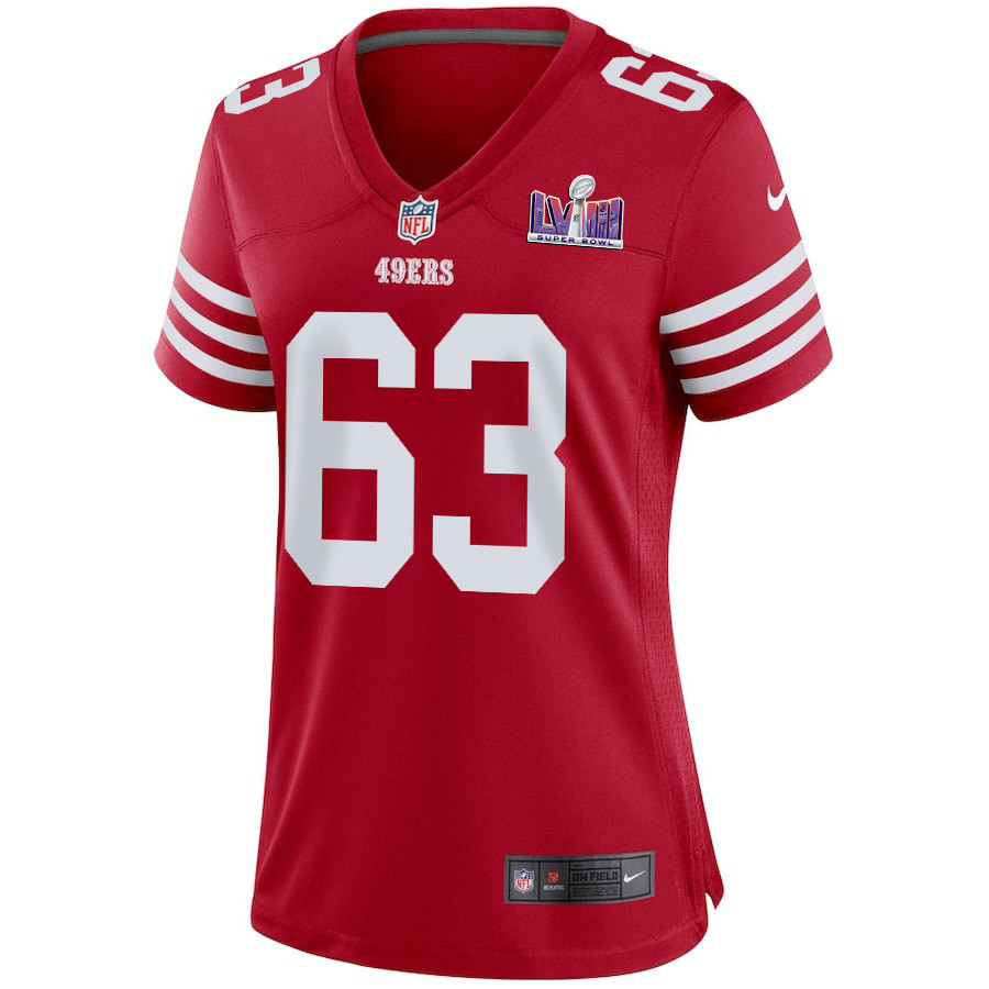 Nick Zakelj 63 San Francisco 49ers Super Bowl LVIII Patch Game Scarlet NFL Jersey Women's