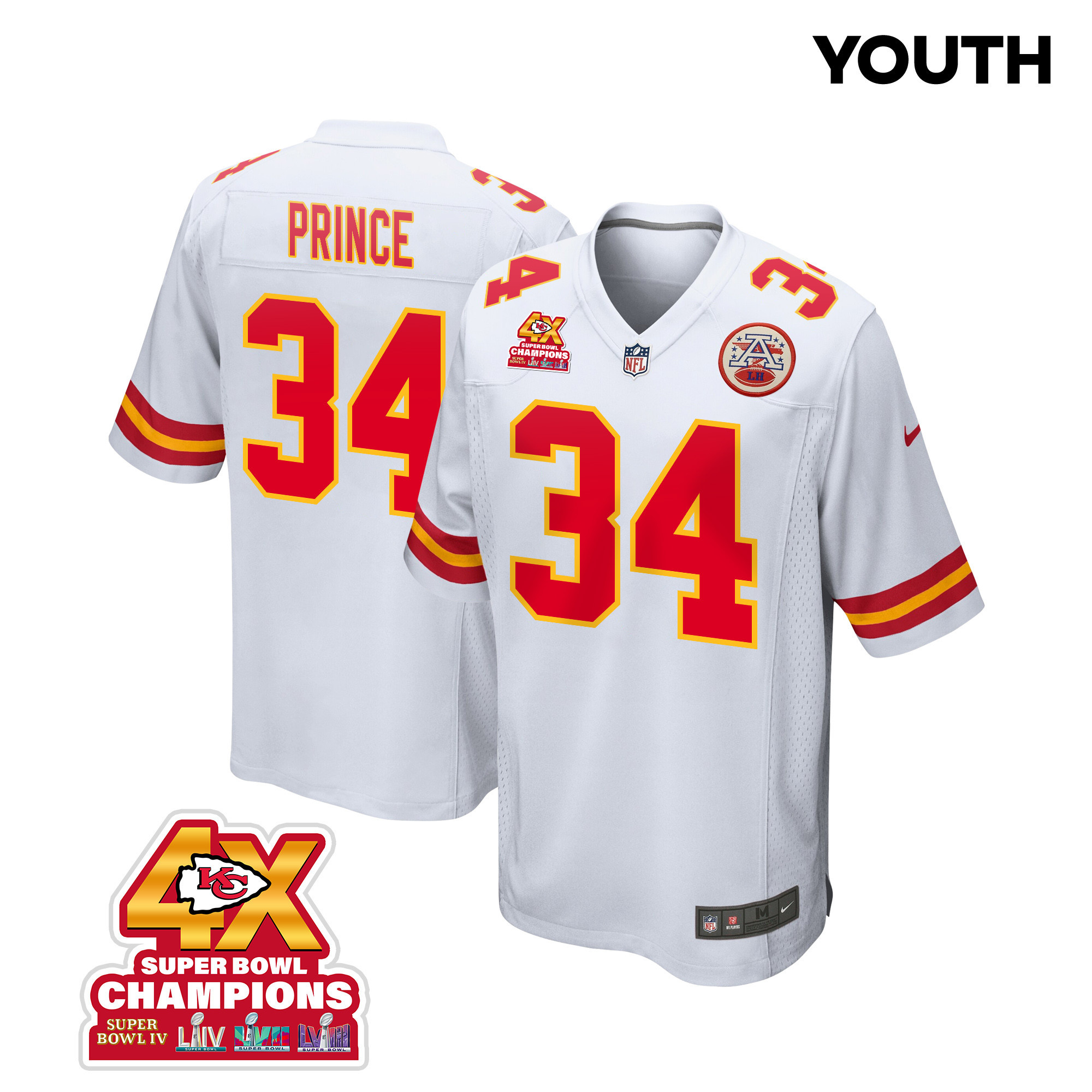 Deneric Prince 34 Kansas City Chiefs Super Bowl LVIII Champions 4X Game White NFL Jersey Youth