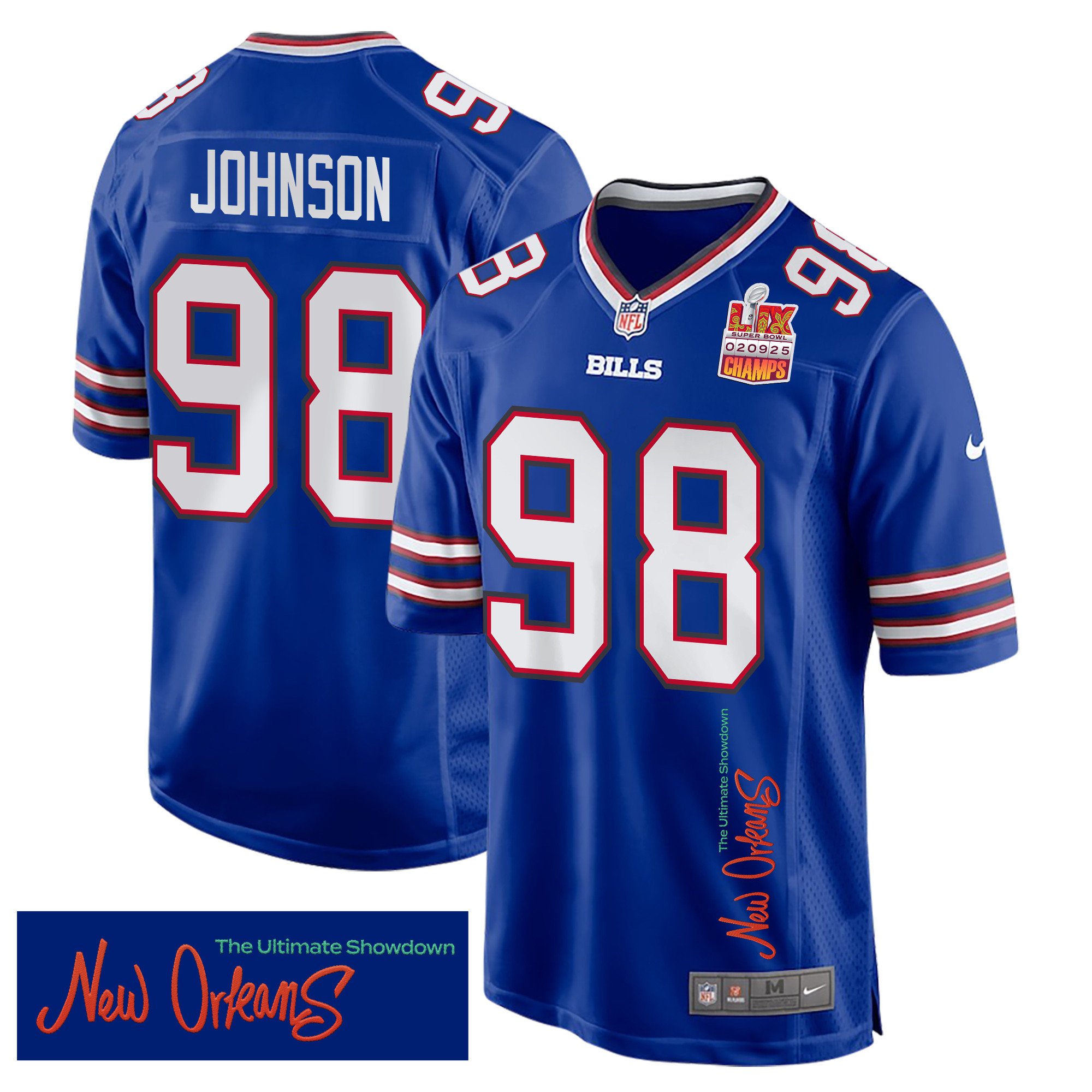 Austin Johnson 98 Buffalo Bills Super Bowl LIX Champions Patch New Orleans The Ultimate Showdown' EMBROIDERED Game Royal NFL Jersey Men's