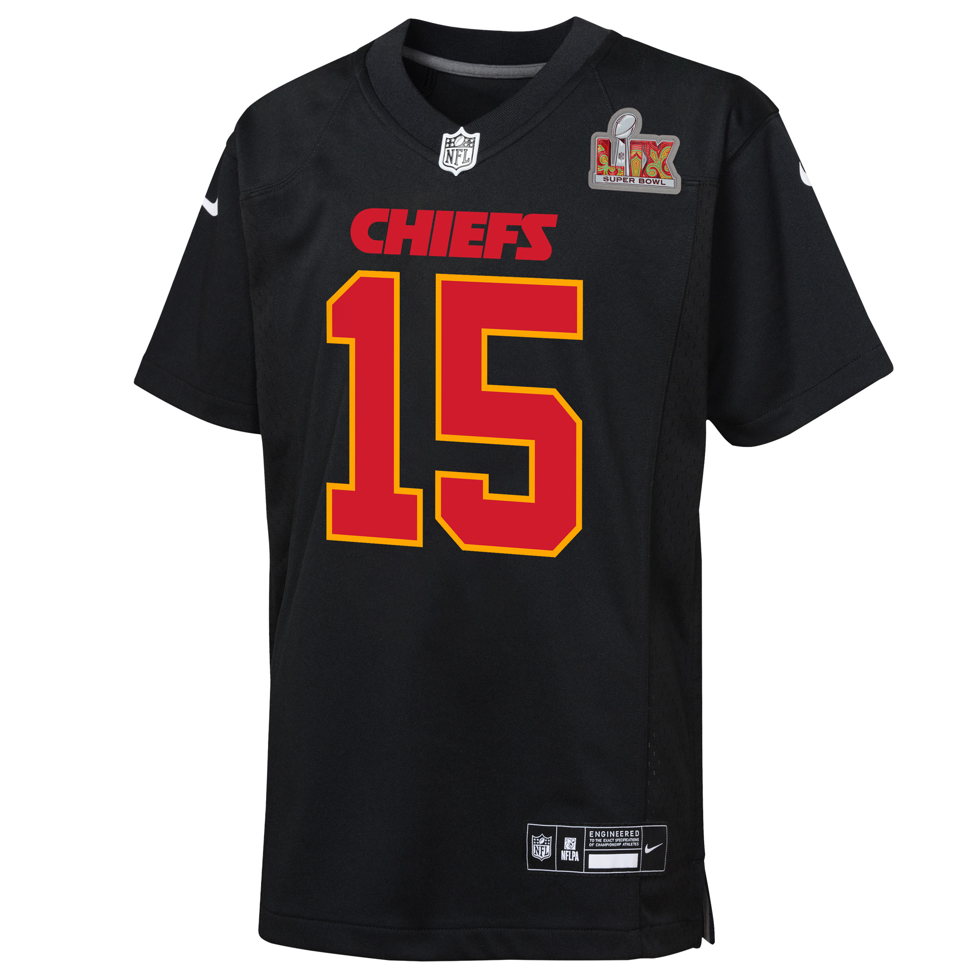 Kansas City Chiefs Patrick Mahomes Carbon Black Super Bowl LIX Patch Fashion Game NFL Jersey Youth