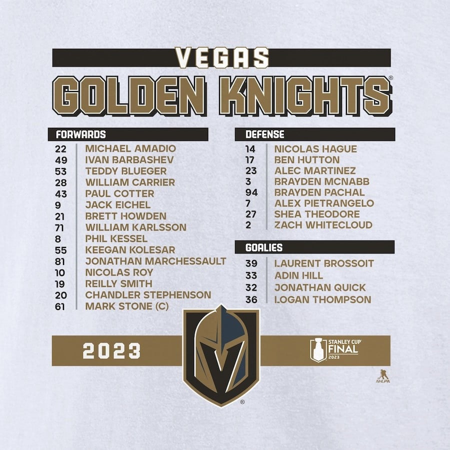 Vegas Golden Knights 2023 Stanley Cup Final Roster T-Shirt White NHL Jersey Men's