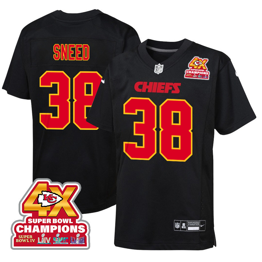 L'Jarius Sneed 38 Kansas City Chiefs Super Bowl LVIII Champions 4X Fashion Game Carbon Black NFL Jersey Youth