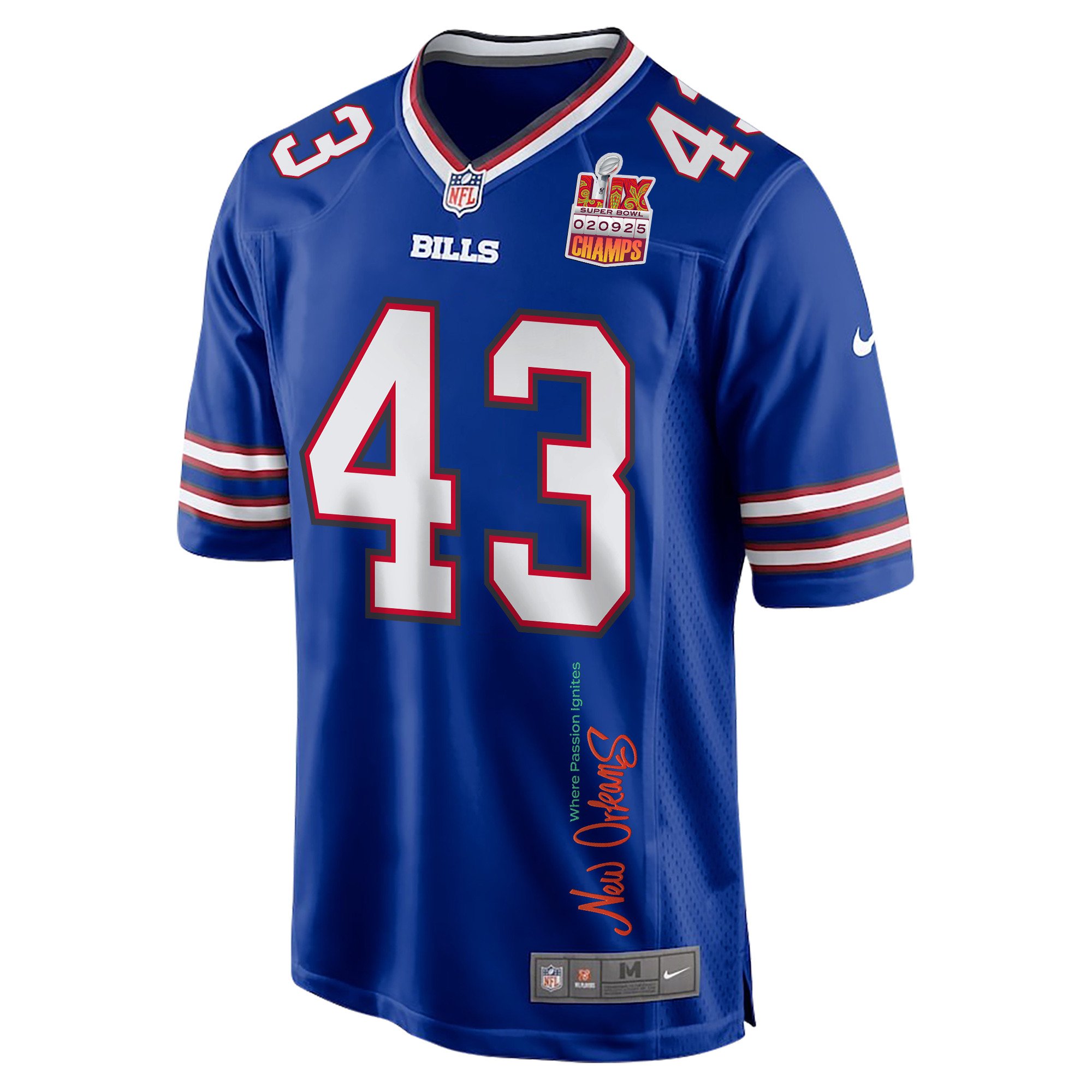 Terrel Bernard 43 Buffalo Bills Super Bowl LIX Champions Patch New Orleans Where Passion Ignites' EMBROIDERED Game Royal NFL Jersey Men's