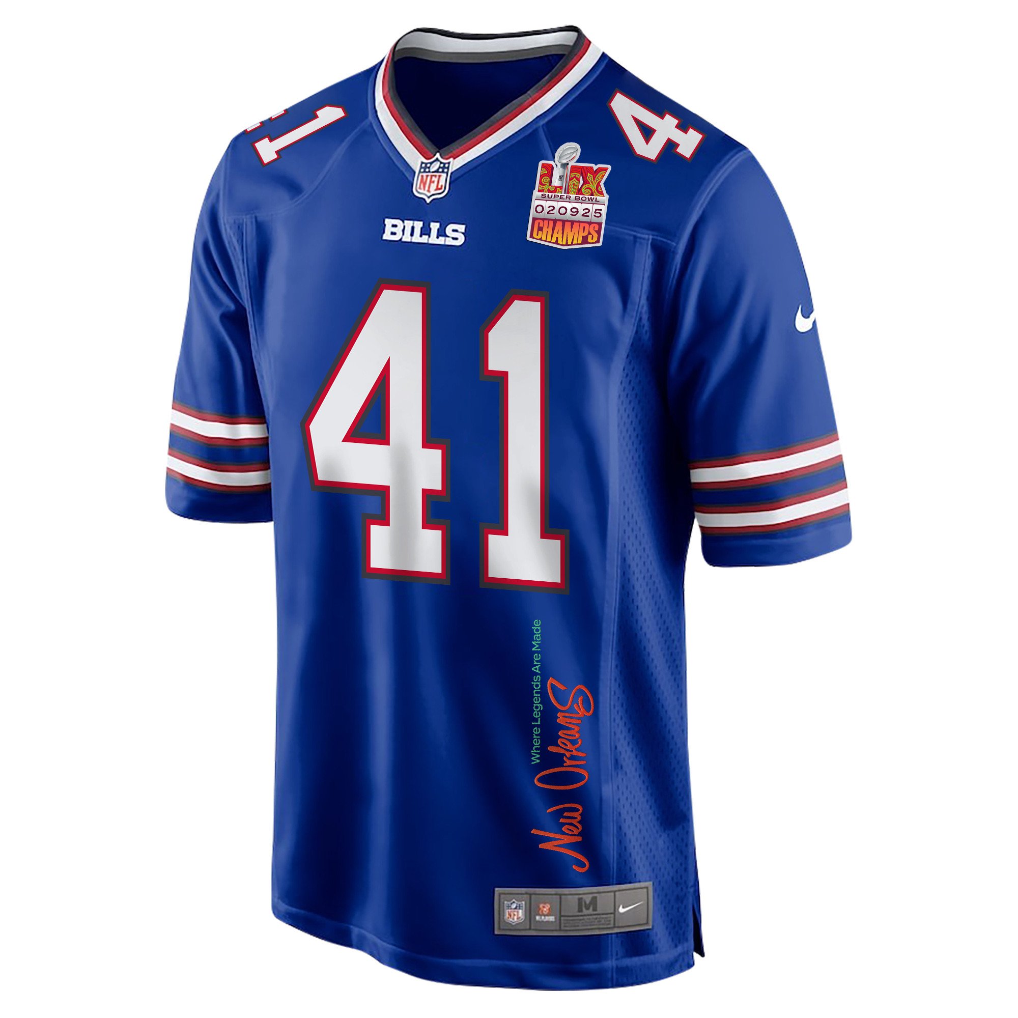 Reggie Gilliam 41 Buffalo Bills Super Bowl LIX Champions Patch New Orleans Where Legends Are Made' EMBROIDERED Game Royal NFL Jersey Men's