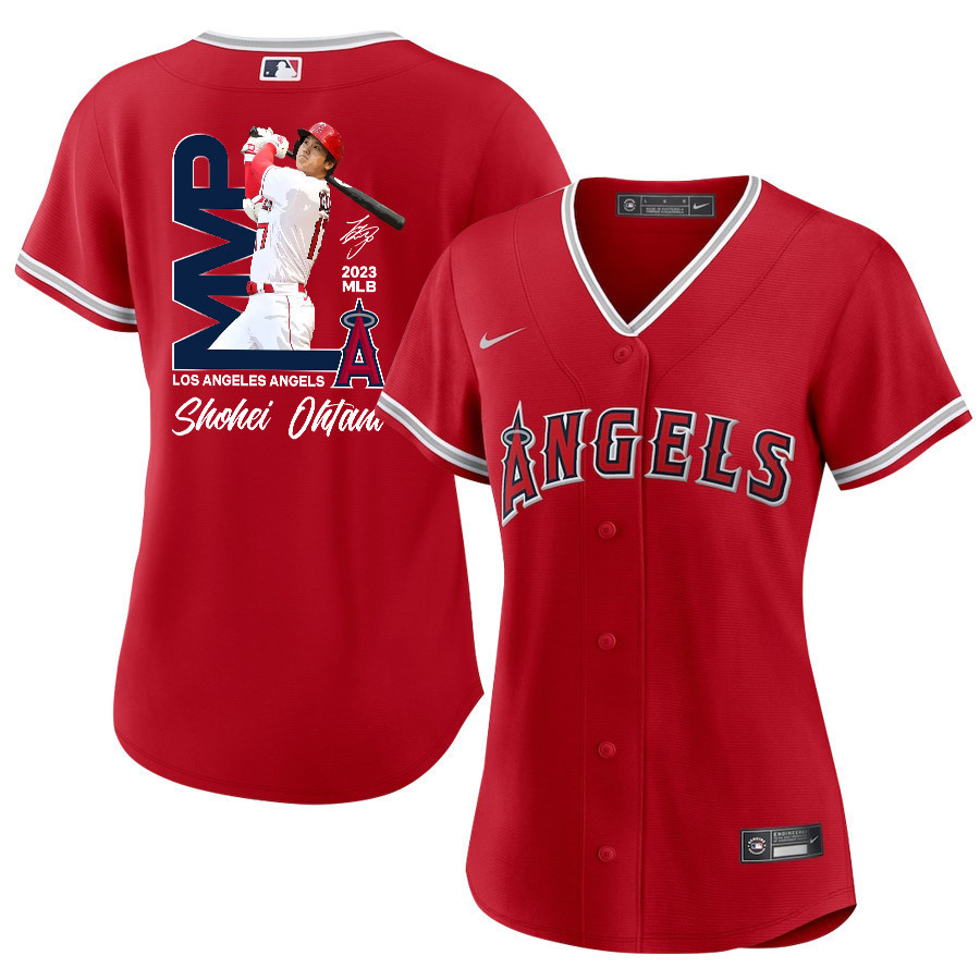 Shohei Ohtani 17 Los Angeles Angels Signed MVP 2023 Alternate Player Red MLB Jersey Women's