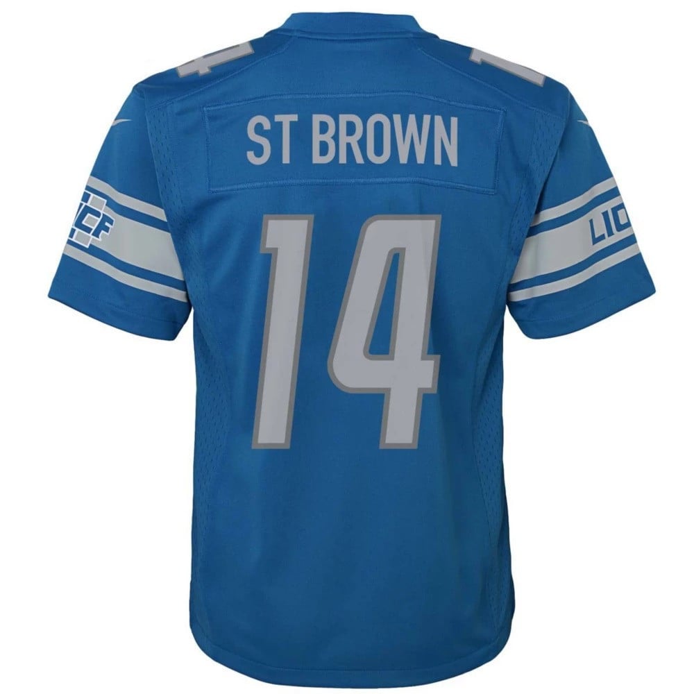 Amon-Ra St. Brown 14 Detroit Lions Sun God Game Blue NFL Jersey Youth
