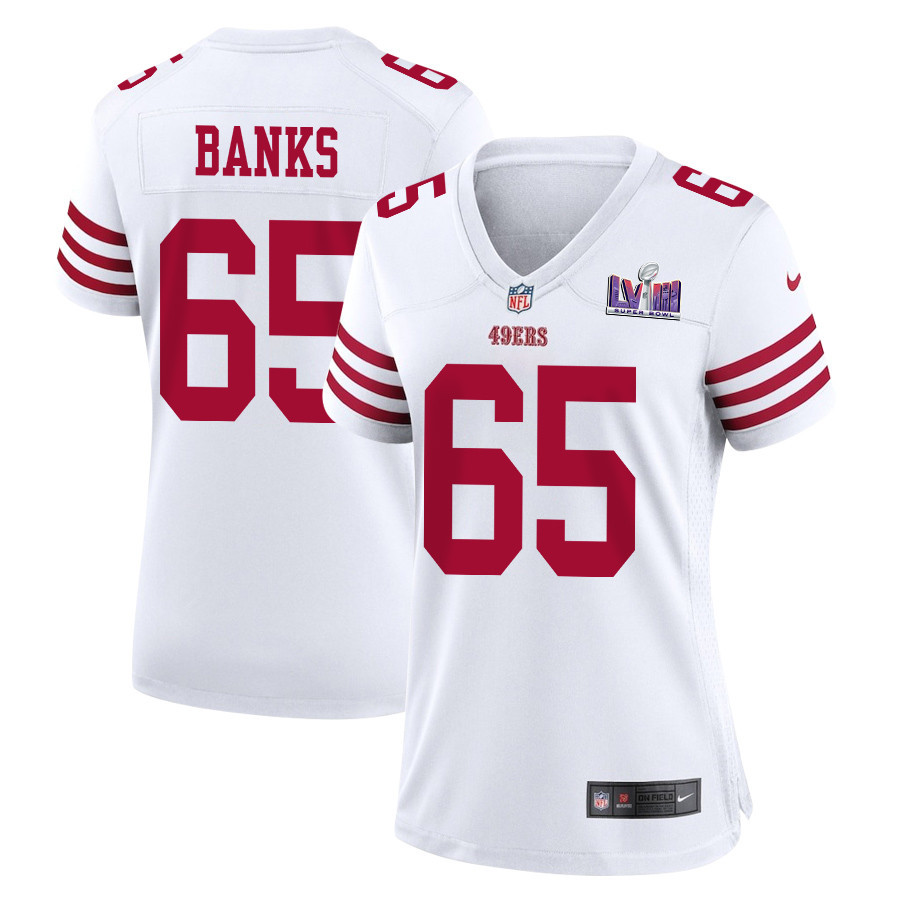 Aaron Banks 65 San Francisco 49ers Super Bowl LVIII Patch Game White NFL Jersey Women's
