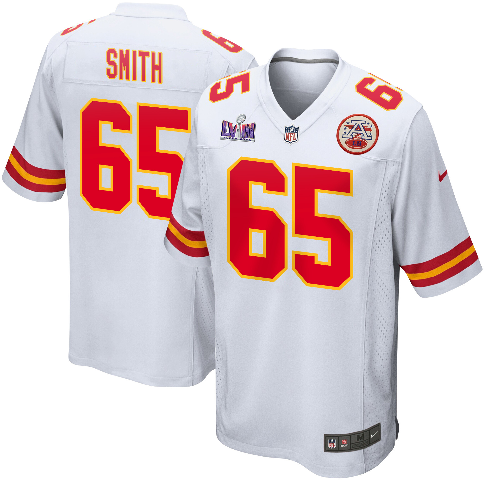 Trey Smith 65 Kansas City Chiefs Super Bowl LVIII Patch Game White NFL Jersey Men's