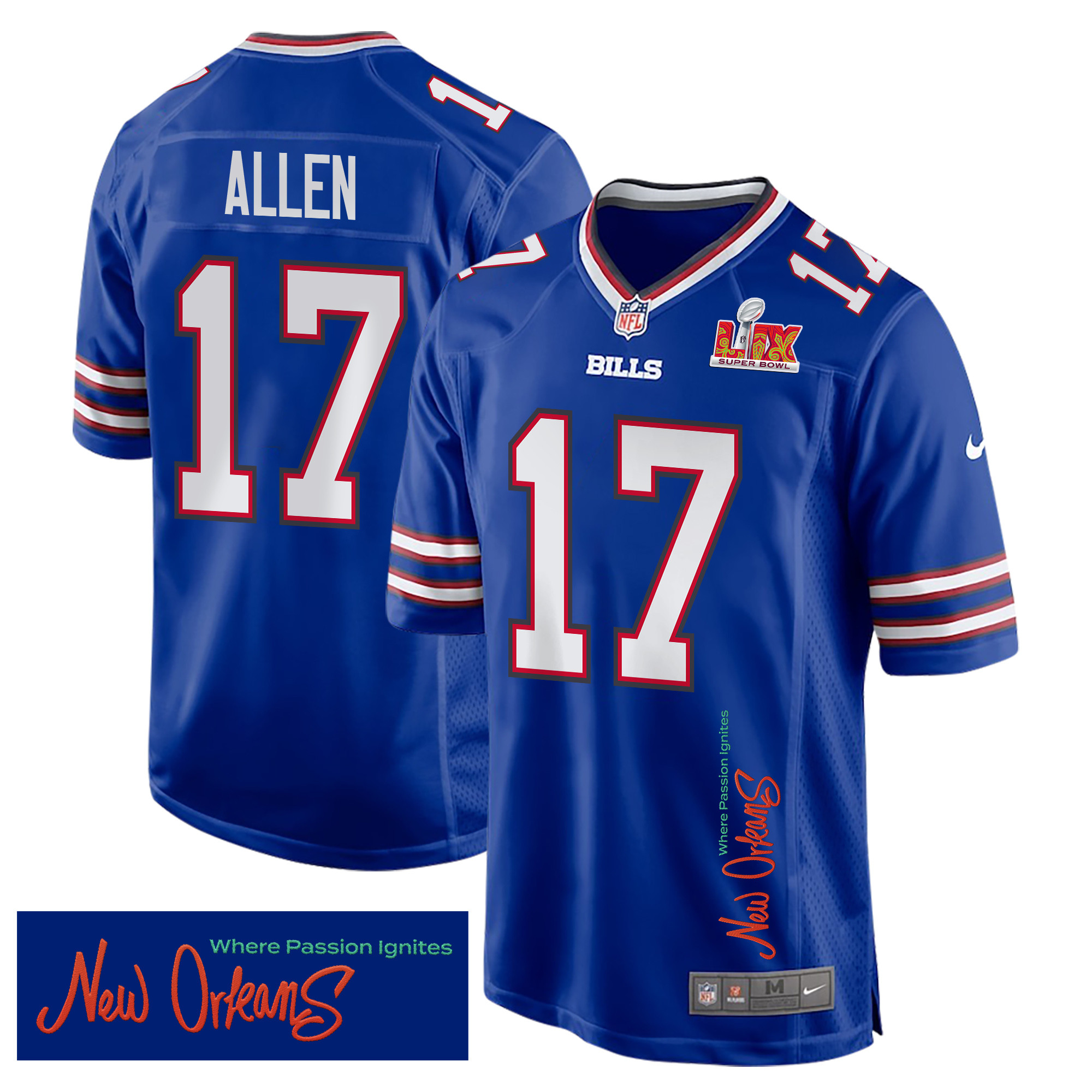 Josh Allen 17 Buffalo Bills Super Bowl LIX New Orleans Where Passion Ignites' EMBROIDERED Game Royal NFL Jersey Men's
