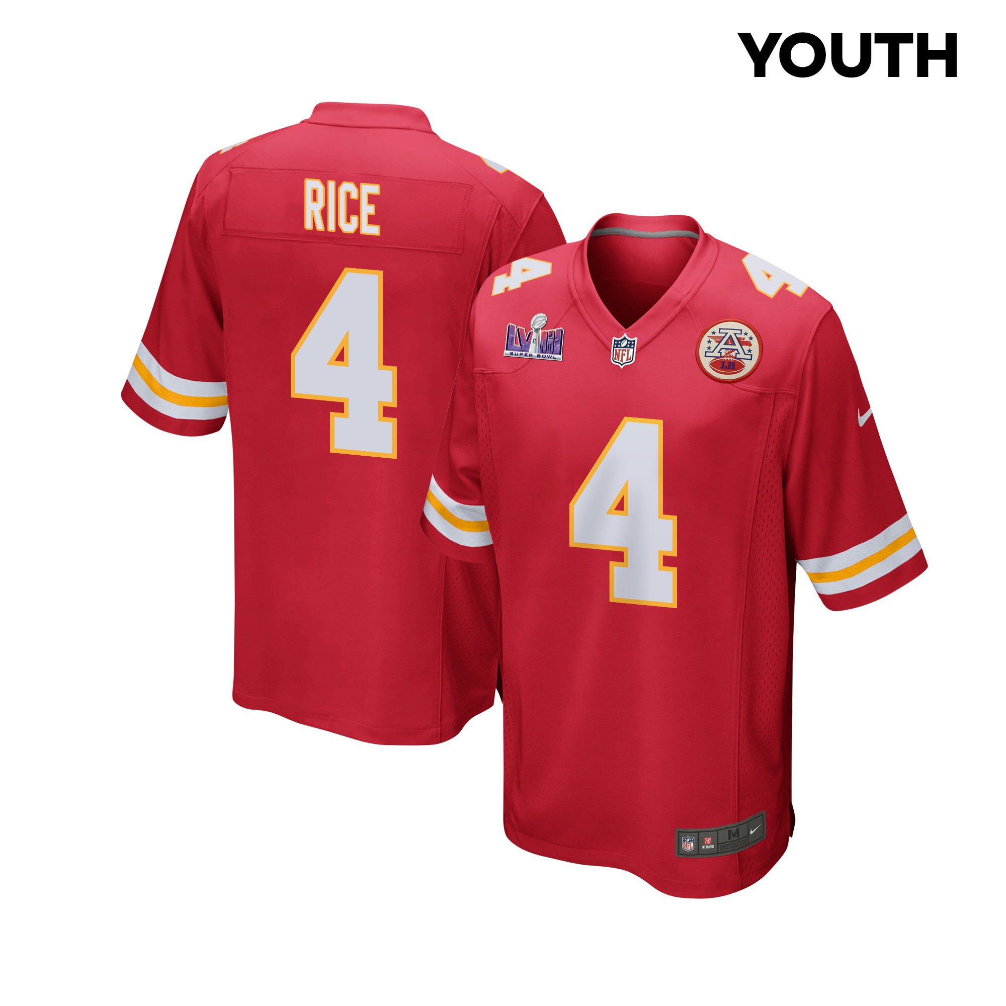 Rashee Rice 4 Kansas City Chiefs Super Bowl LVIII Patch Game Red NFL Jersey Youth