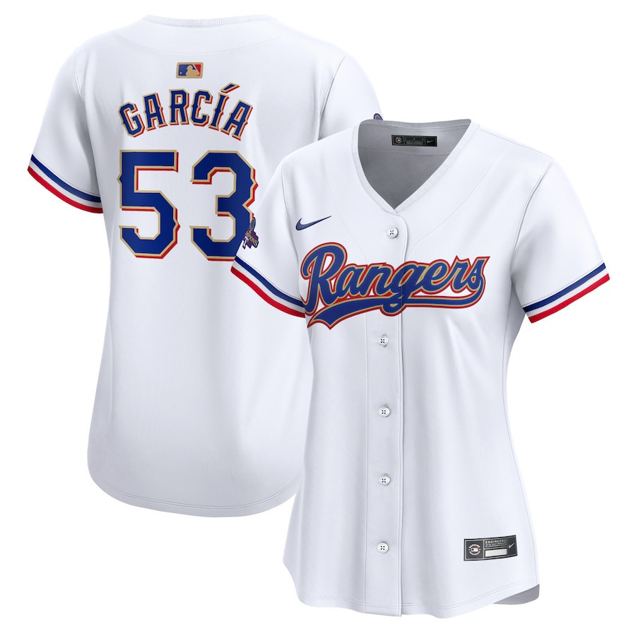 Adolis Garcia 53 Texas Rangers 2024 Gold Collection Limited White MLB Jersey Women's