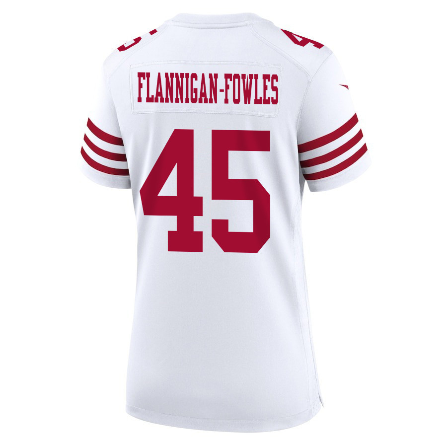Demetrius Flannigan-Fowles 45 San Francisco 49ers Super Bowl LVIII Patch Game White NFL Jersey Women's