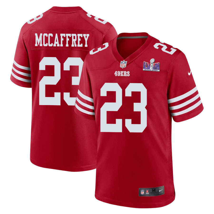 Christian McCaffrey 23 San Francisco 49ers Super Bowl LVIII Patch Game Scarlet NFL Jersey Men's