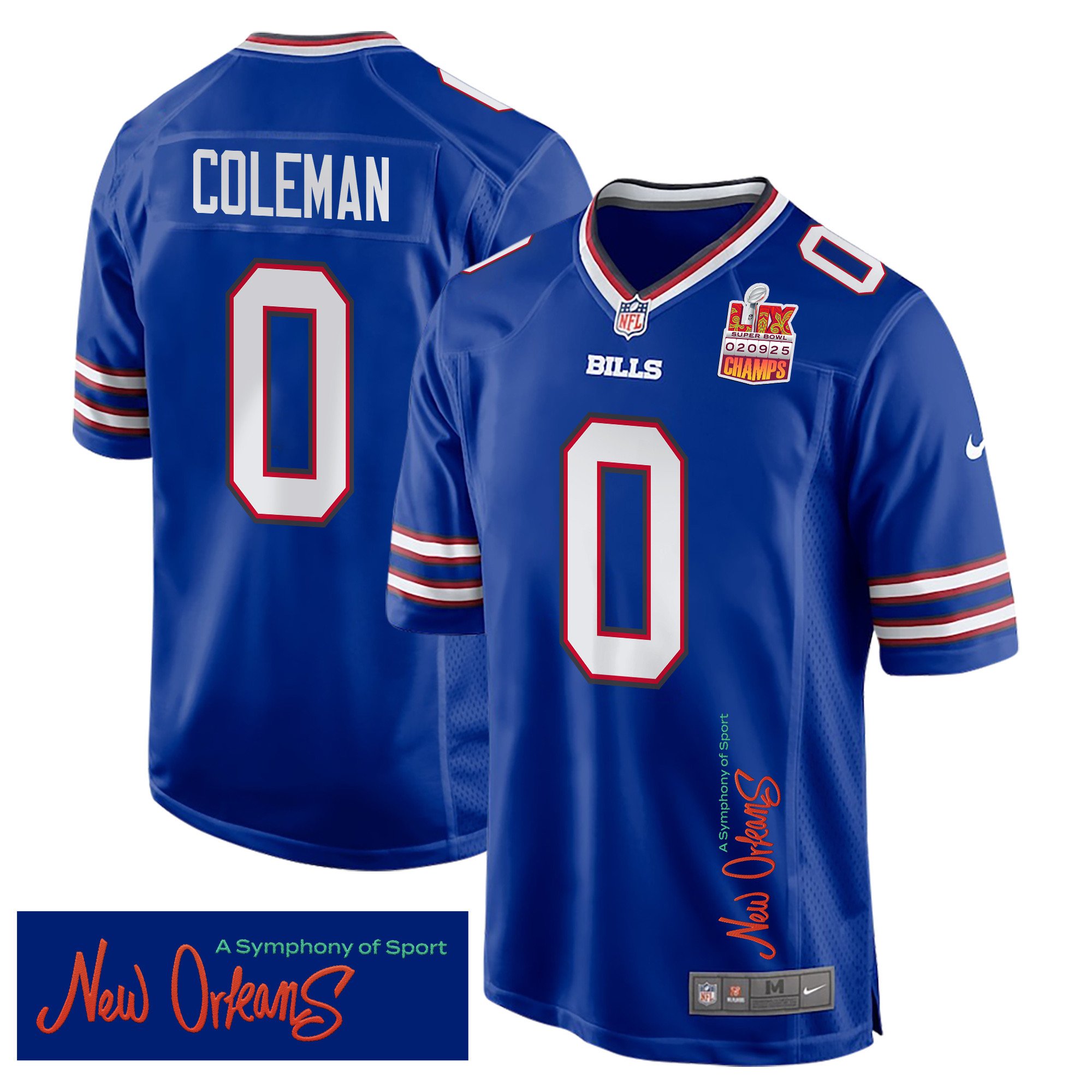 Keon Coleman 0 Buffalo Bills Super Bowl LIX Champions Patch New Orleans A Symphony of Sport' EMBROIDERED Game Royal NFL Jersey Men's
