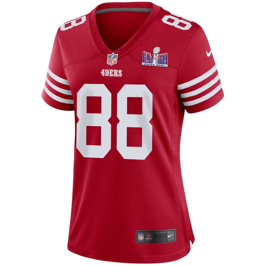 Jake Tonges 88 San Francisco 49ers Super Bowl LVIII Patch Game Scarlet NFL Jersey Women's