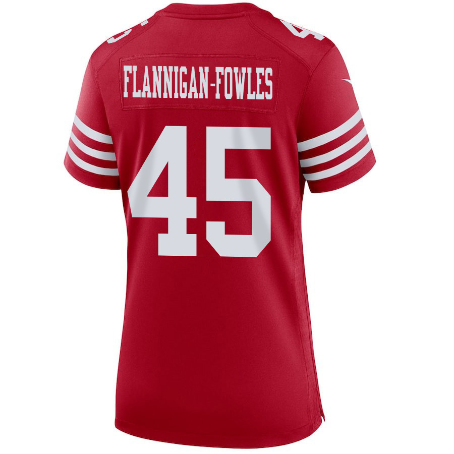 Demetrius Flannigan-Fowles 45 San Francisco 49ers Super Bowl LVIII Patch Game Scarlet NFL Jersey Women's