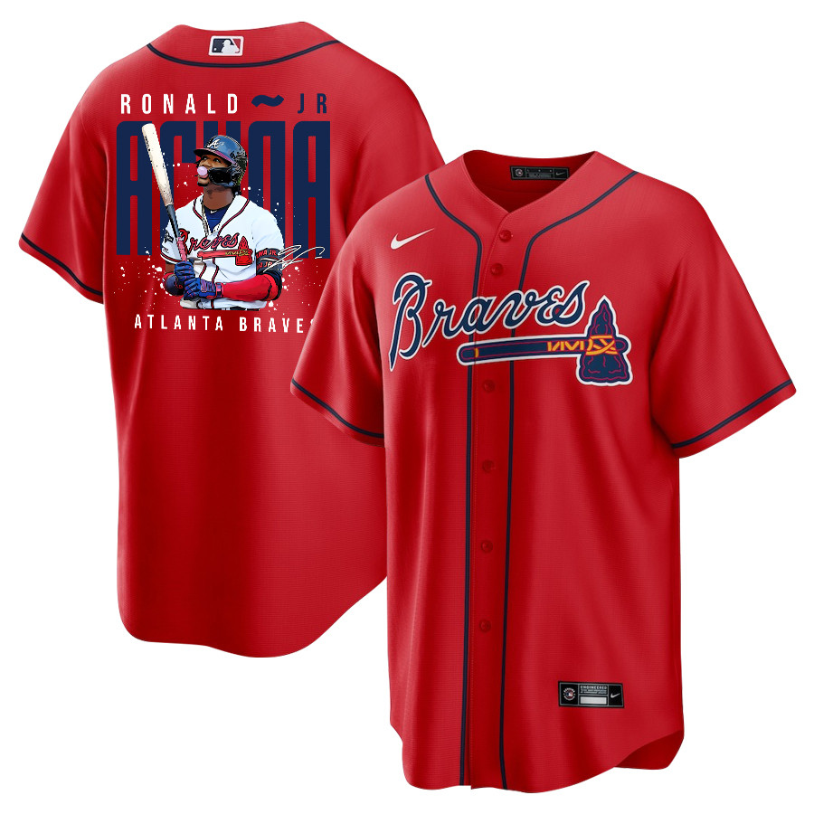 Ronald Acu?a Jr. 13 Atlanta Braves Signed Gum 2023 Alternate Player Red MLB Jersey Men's
