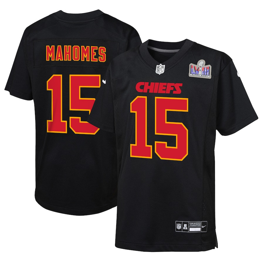 Patrick Mahomes 15 Kansas City Chiefs Super Bowl LVIII Patch Fashion Game Carbon Black NFL Jersey Youth