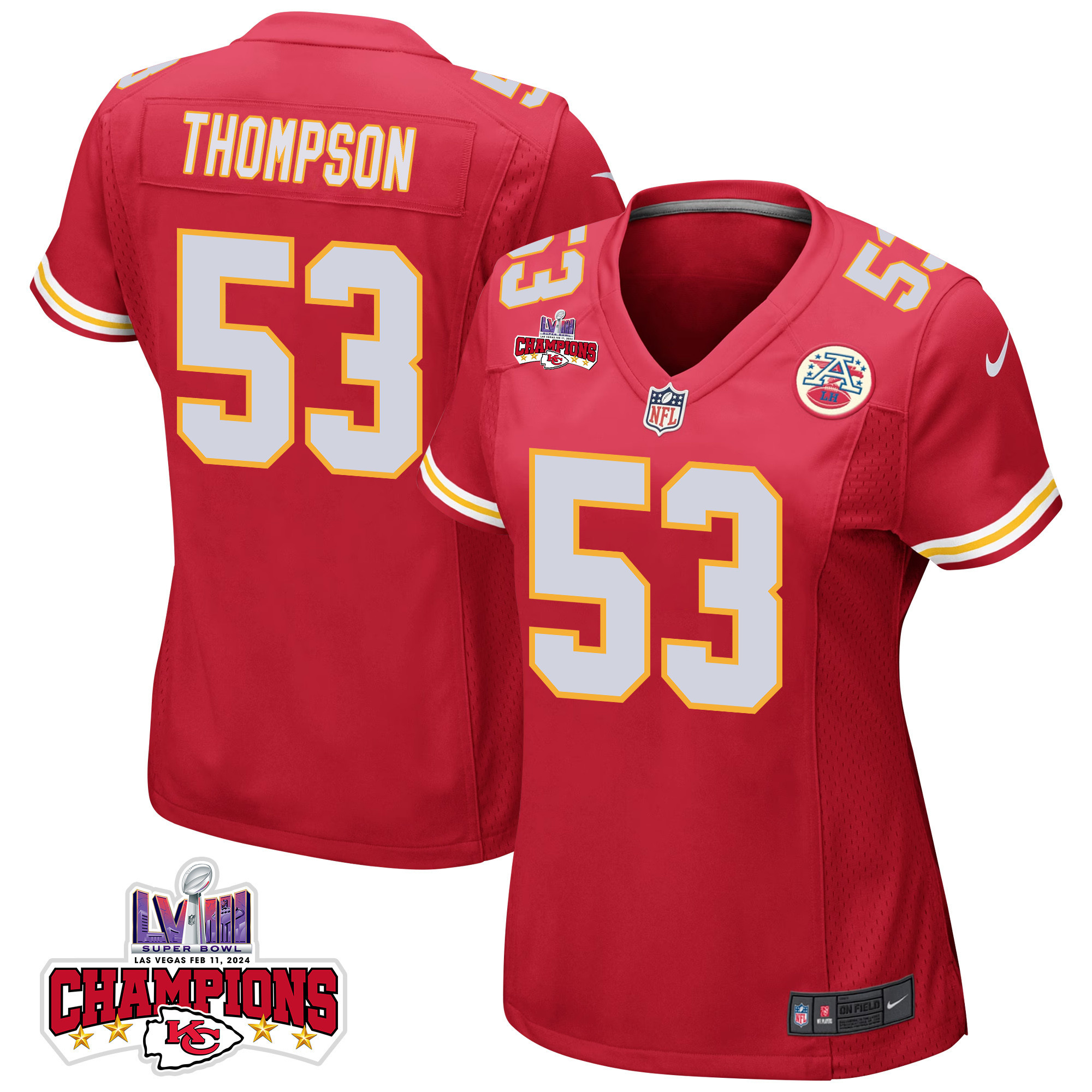BJ Thompson 53 Kansas City Chiefs Super Bowl LVIII Champions 4 Stars Patch Game Red NFL Jersey Women's