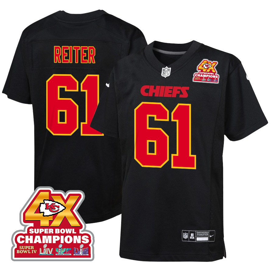 Austin Reiter 61 Kansas City Chiefs Super Bowl LVIII Champions 4X Fashion Game Carbon Black NFL Jersey Youth