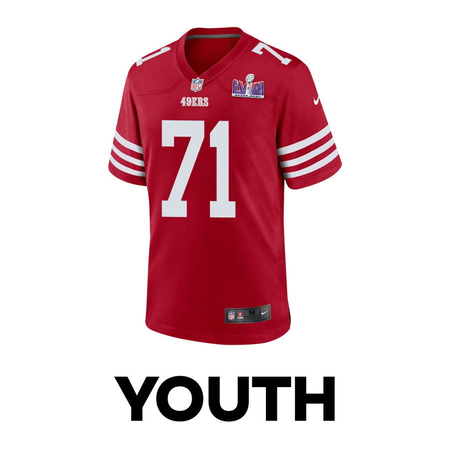 Trent Williams 71 San Francisco 49ers Super Bowl LVIII Patch Game Scarlet NFL Jersey Youth