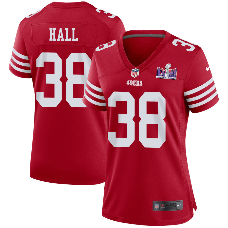 Kemon Hall 38 San Francisco 49ers Super Bowl LVIII Patch Game Scarlet NFL Jersey Women's