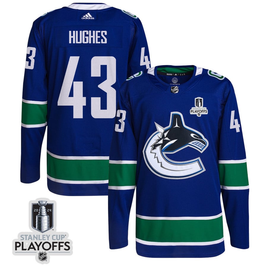 Quinn Hughes 43 Vancouver Canucks 2024 Playoffs Patch Home Blue NHL Jersey Men's