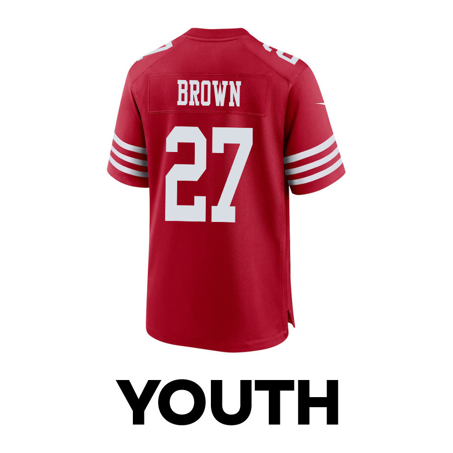 Ji'Ayir Brown 27 San Francisco 49ers Super Bowl LVIII Patch Game Scarlet NFL Jersey Youth
