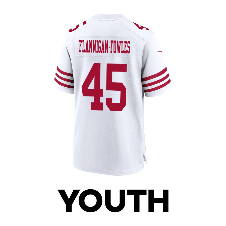 Demetrius Flannigan-Fowles 45 San Francisco 49ers Super Bowl LVIII Patch Game White NFL Jersey Youth