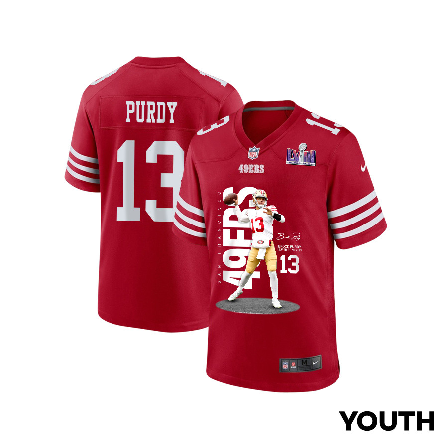 Brock Purdy 13 San Francisco 49ers Throwing Ball Game Scarlet NFL Jersey Youth