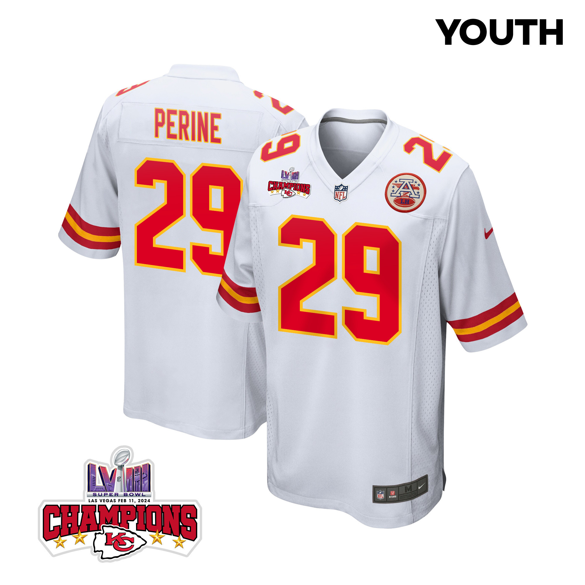 La'Mical Perine 29 Kansas City Chiefs Super Bowl LVIII Champions 4 Stars Patch Game White NFL Jersey Youth