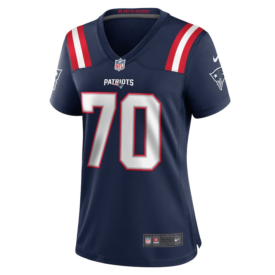 Caedan Wallace 70 New England Patriots Team Game Navy NFL Jersey Women's