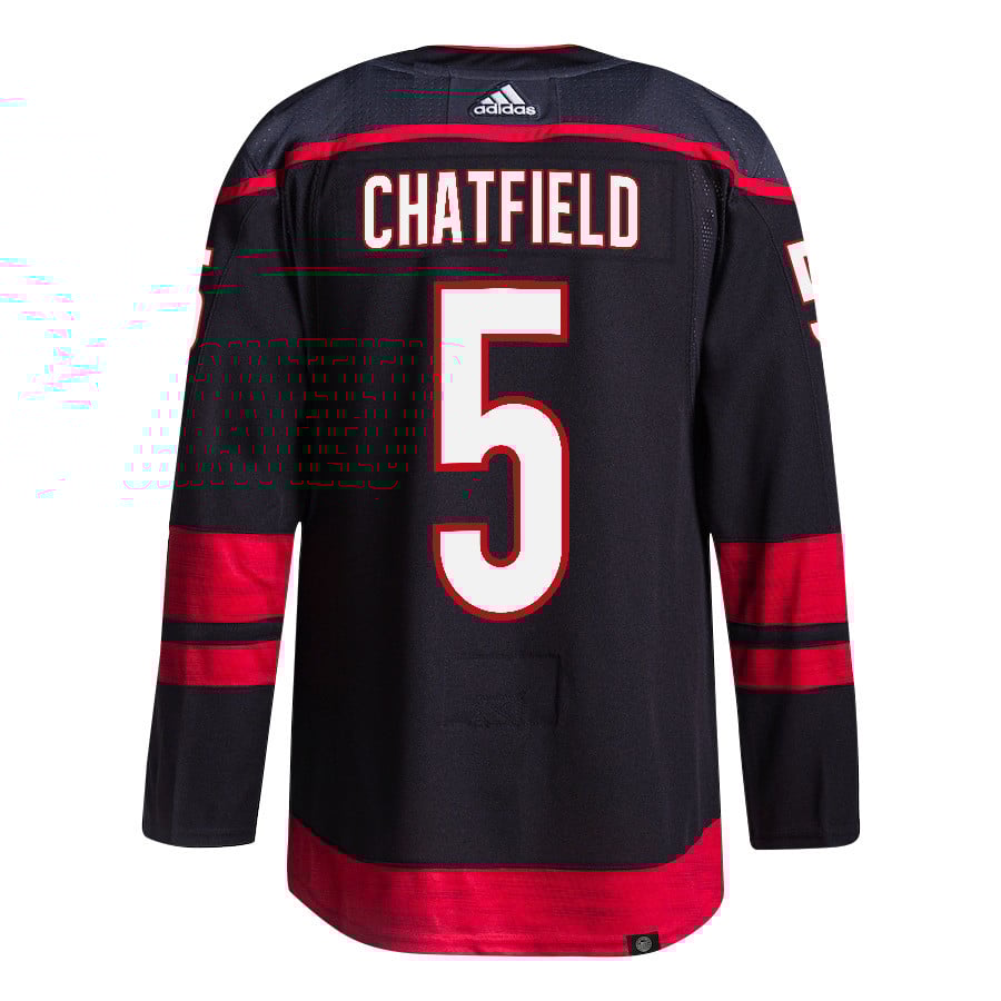 Jalen Chatfield 5 Carolina Hurricanes 2024 Playoffs Patch Home Black NHL Jersey Men's