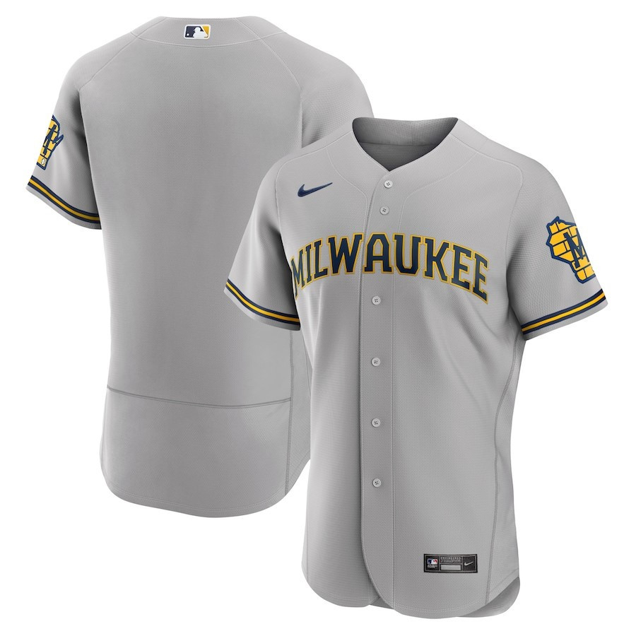 Milwaukee Brewers Road Team Logo Elite Gray MLB Jersey Men's