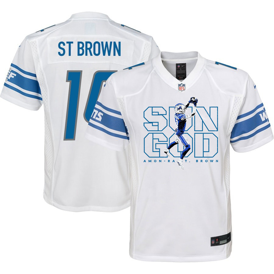 Amon-Ra St. Brown 14 Detroit Lions Sun God Game White NFL Jersey Youth