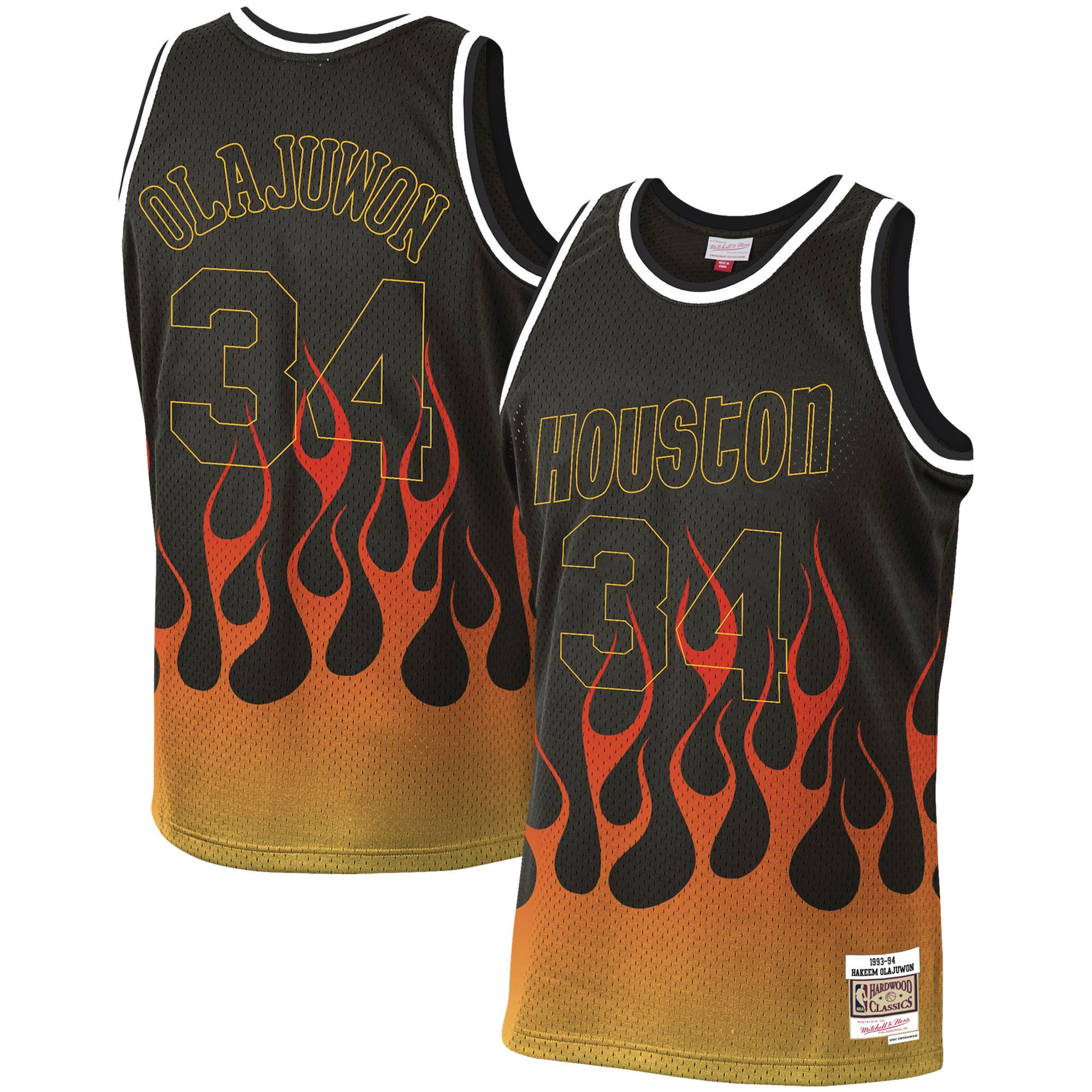 Hakeem Olajuwon Houston Rockets Mitchell Ness 1993-94 Hardwood Classics Flames Swingman Black NBA Jersey Men's