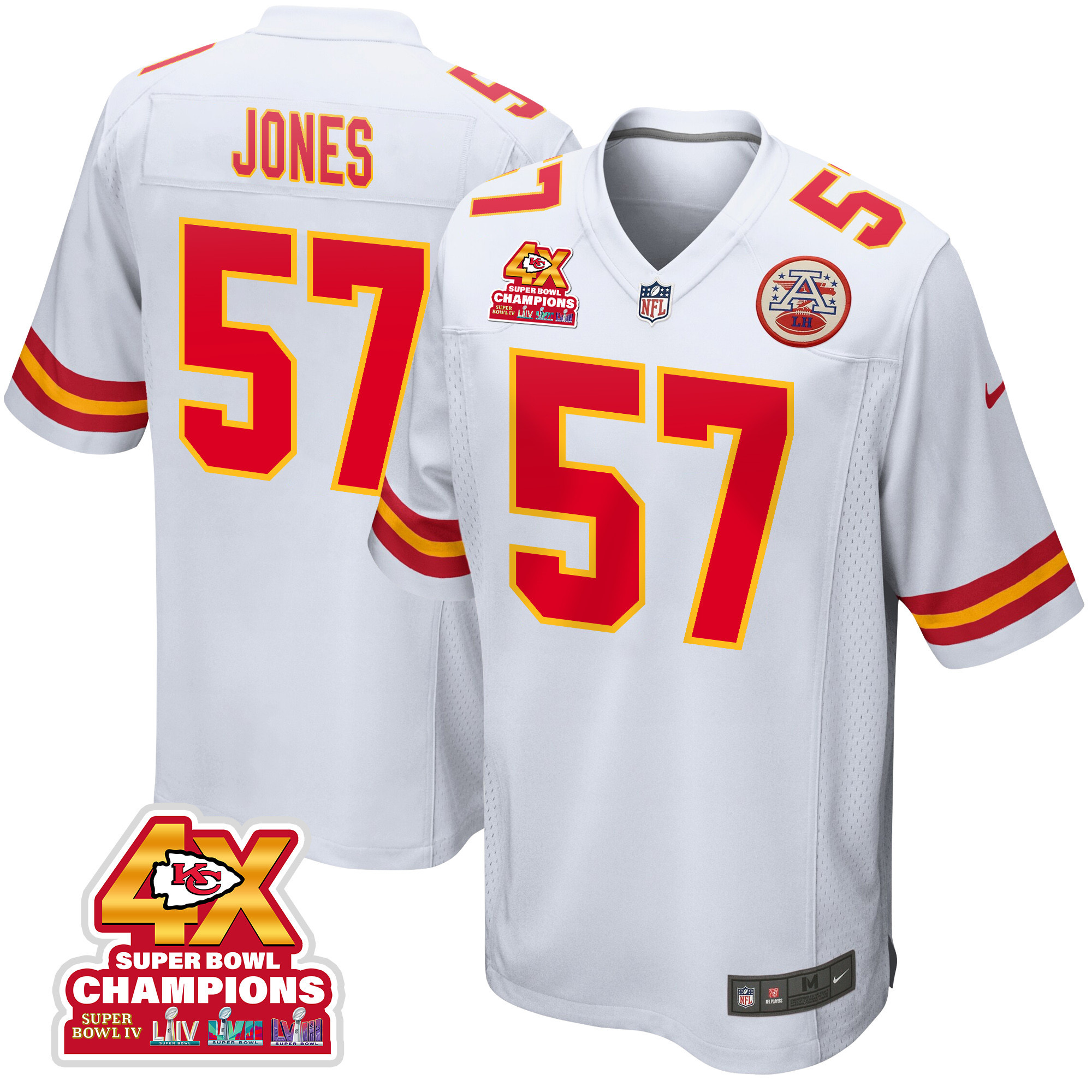 Truman Jones 57 Kansas City Chiefs Super Bowl LVIII Champions 4X Game White NFL Jersey Men's