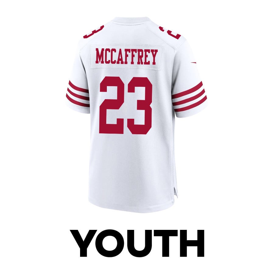 Christian McCaffrey 23 San Francisco 49ers Super Bowl LVIII Patch Game White NFL Jersey Youth