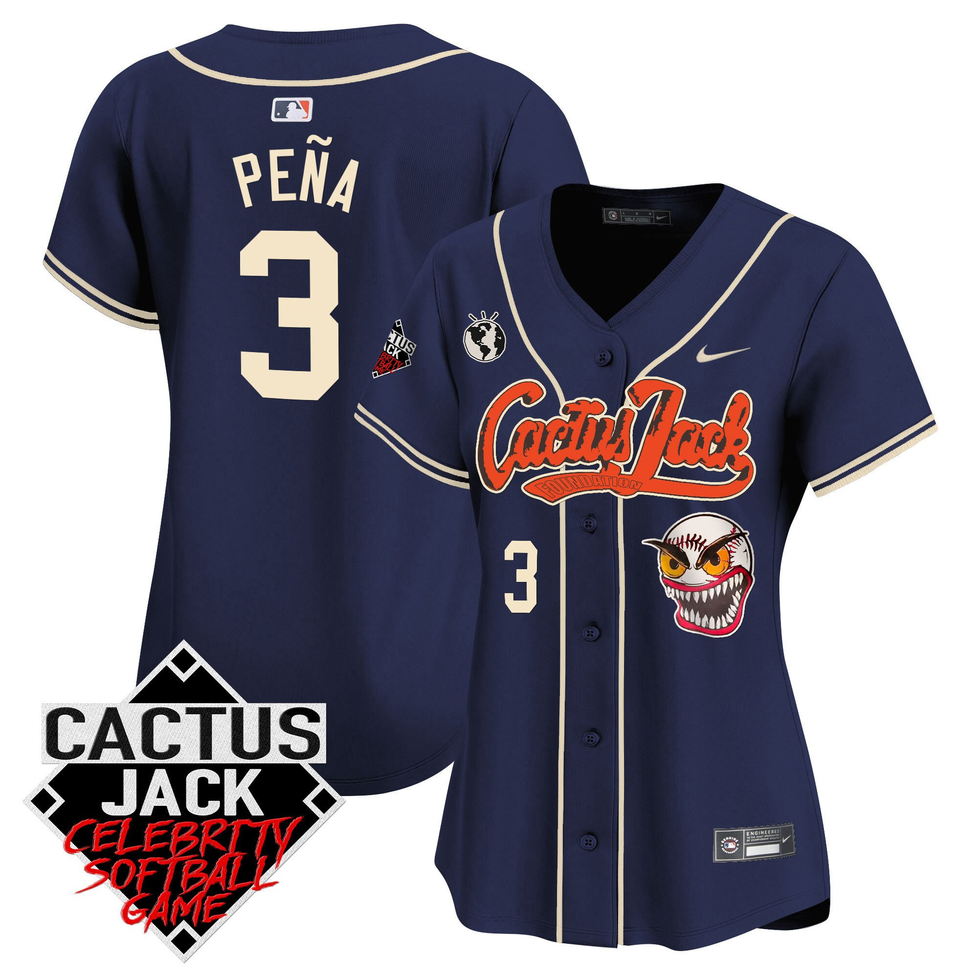 Jeremy Pena 3 Houston Astros Cactus Jack Celebrity Softball Game Patch Navy MLB Jersey Women's