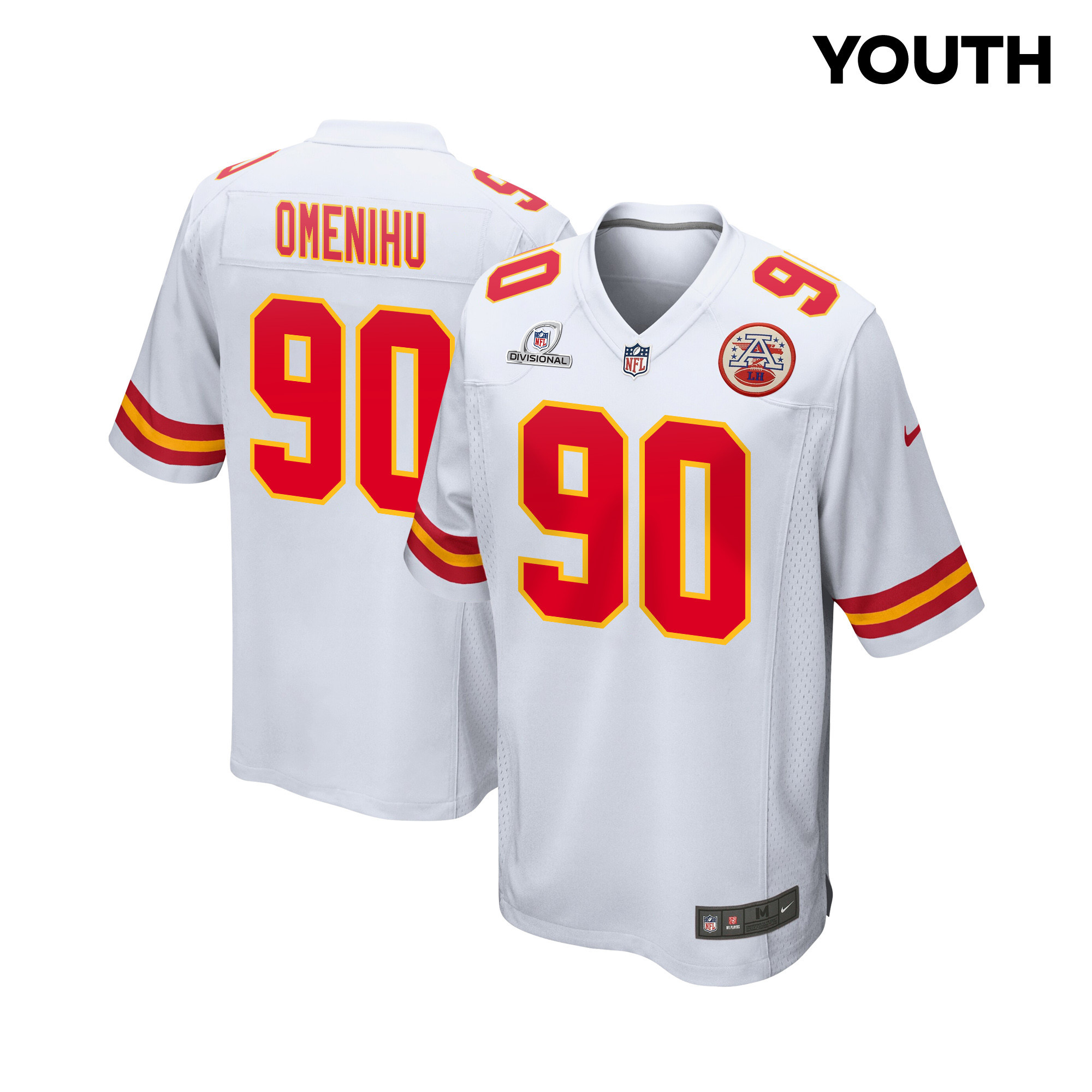 Charles Omenihu 90 Kansas City Chiefs Super Bowl LVIII Patch Game White NFL Jersey Youth