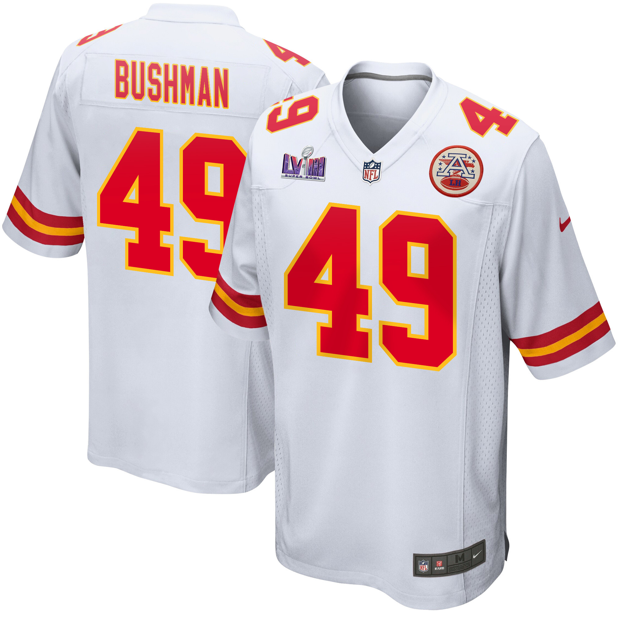 Matt Bushman 49 Kansas City Chiefs Super Bowl LVIII Patch Game White NFL Jersey Men's