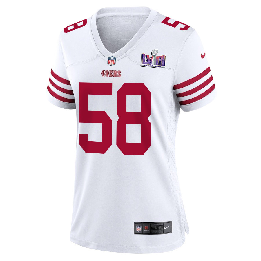Alex Barrett 58 San Francisco 49ers Super Bowl LVIII Patch Game White NFL Jersey Women's