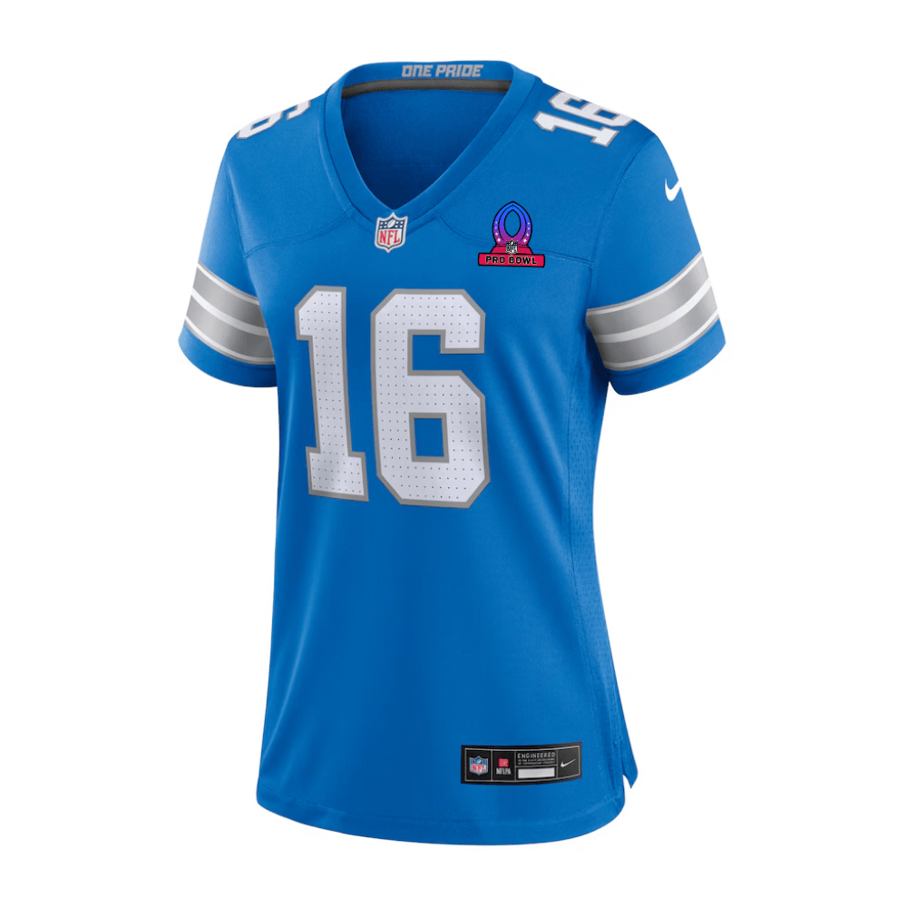 Jared Goff 16 Detroit Lions 2025 Pro Bowl Patch Game Blue NFL Jersey Women's
