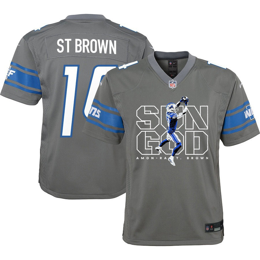 Amon-Ra St. Brown 14 Detroit Lions Sun God Game Silver NFL Jersey Youth