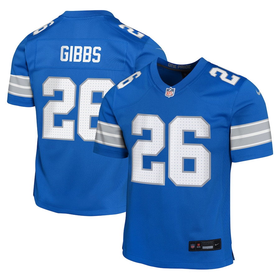 Jahmyr Gibbs 26 Detroit Lions Team Player Game Blue NFL Jersey Youth