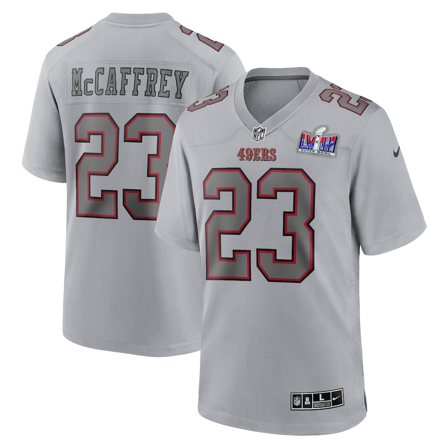 Christian McCaffrey 23 San Francisco 49ers Super Bowl LVIII Atmosphere Fashion Game Gray NFL Jersey Men's